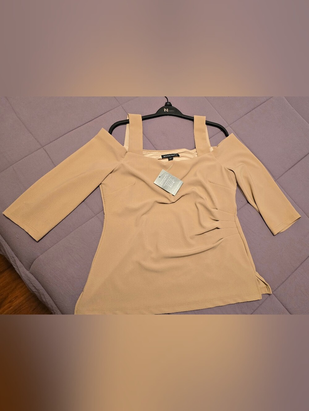 Boston Proper Tan Off-Shoulder Stretch Top with Wide Straps